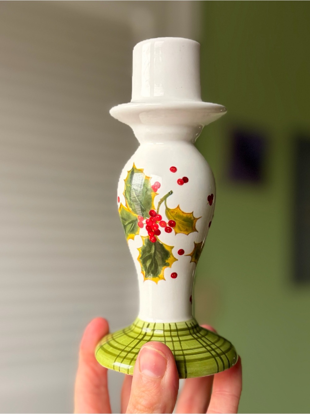 White Ceramic Holly Candlestick with Green Plaid Base Vintage Accent